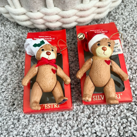 Pair of Vintage Silvestri Porcelain Teddy Bear Christmas Tree Ornaments NOS - Picture 1 of 13